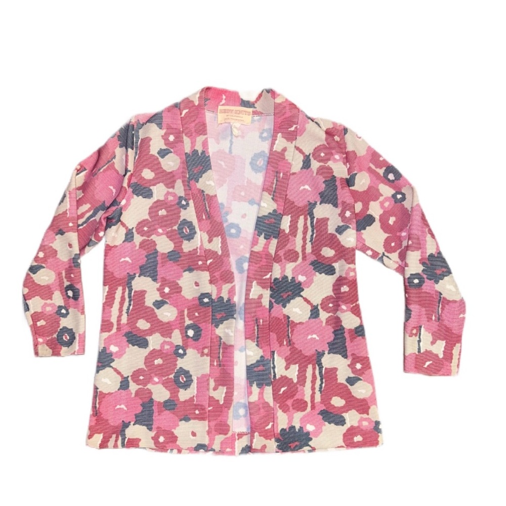 Hedy Knits Of California ~ Vintage ~ Large ~ Pink/Red Floral ~ Cardigan Jacket